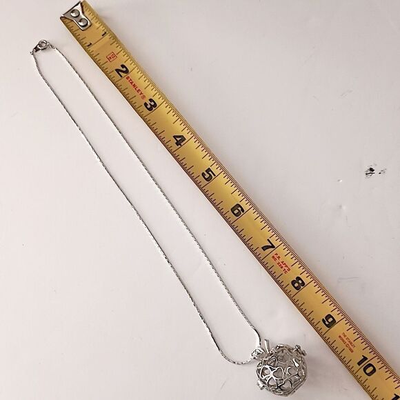 Vintage Apple Pendant Necklace Open Work Filigree Cage Clasp Opens Silver Tone. - Picture 2 of 16